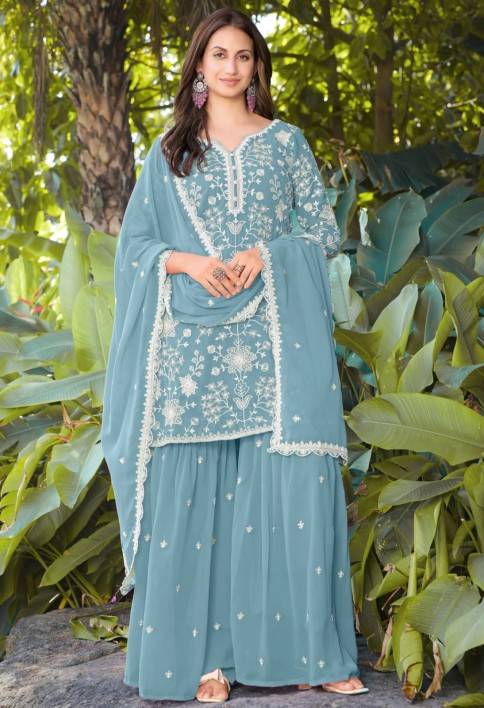 Elegant Sky Blue Heavy Embroidery Georgette Designer Palazzo Suit